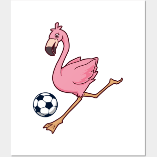 Cartoon flamingo playing soccer Posters and Art